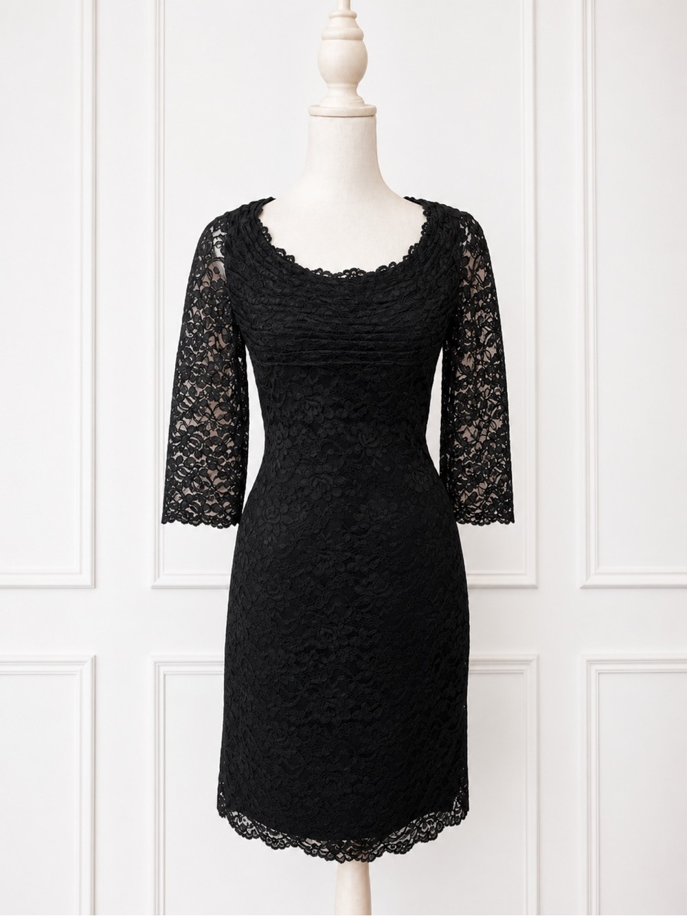 VTG 90s Chris Kole Saks Fifth Avenue Blk Lace Ruched Bust Cocktail Midi Dress 6